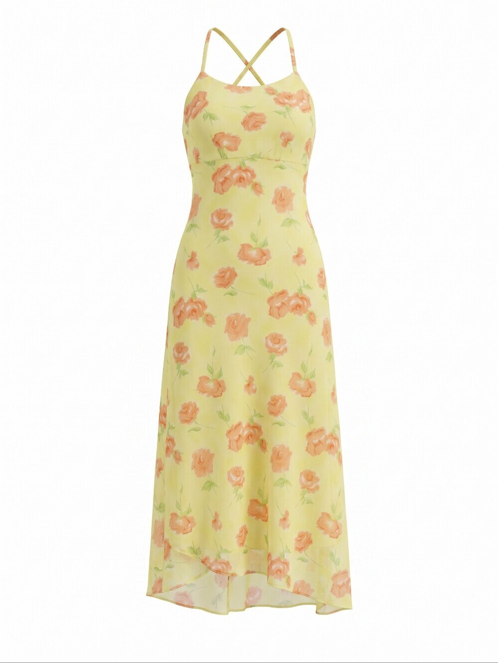 Lush Floral Yellow Midi Dress Crossback Straps Cottage Feminine Festival Light